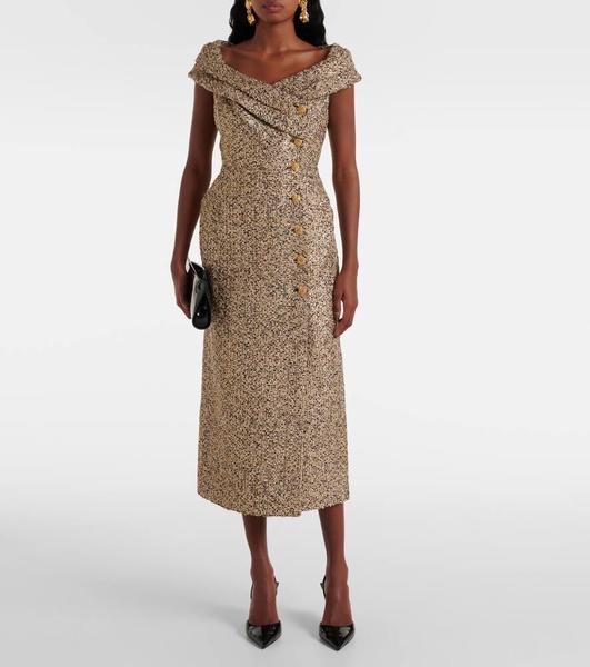 Off-shoulder tweed lamé midi dress