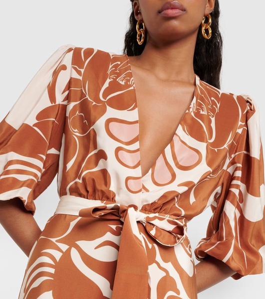 Printed puff-sleeve silk maxi dress