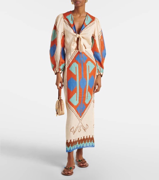 Printed tie-detail linen midi dress