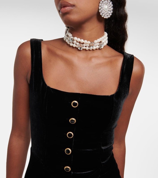 Feather-trimmed velvet minidress