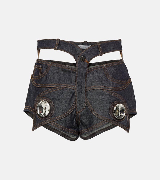 Embellished cutout denim shorts