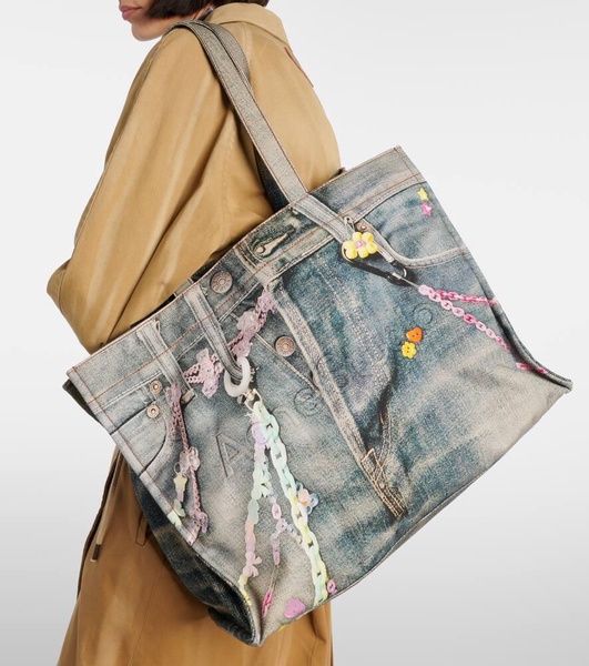 Large denim-effect printed canvas shopper