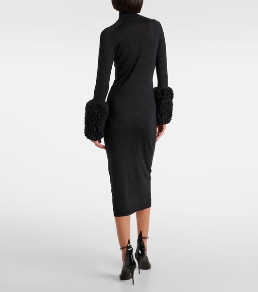 Faux shearling-trimmed virgin wool midi dress