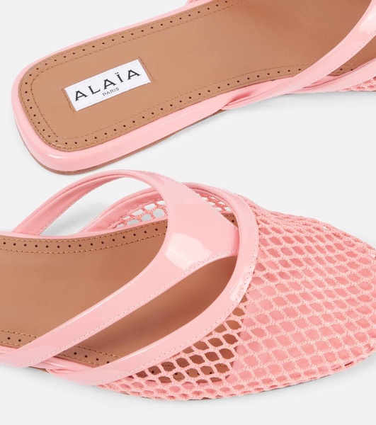 Patent leather-trimmed fishnet mules