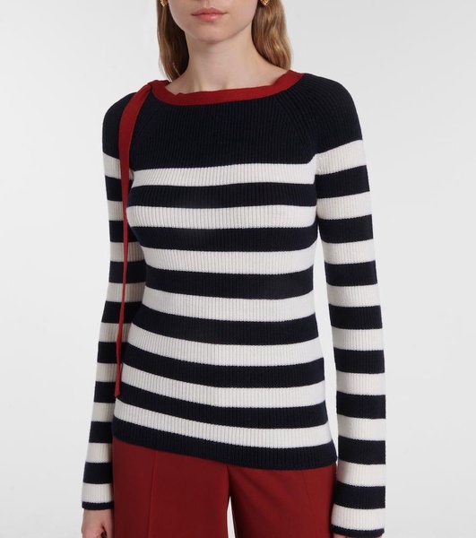 Bow-detail striped virgin wool sweater