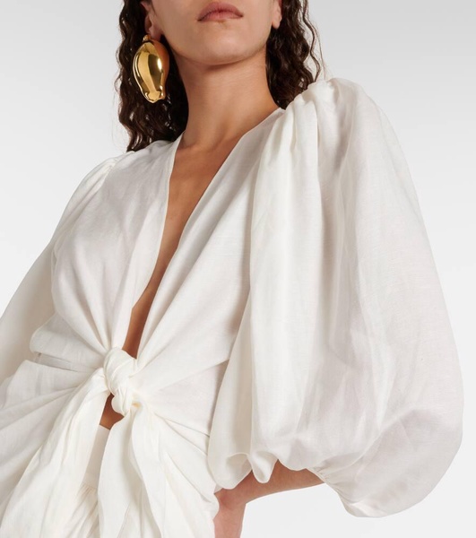 Puff-sleeve linen-blend blouse