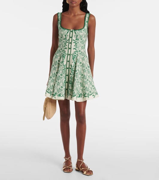 Olive printed linen and cotton minidress