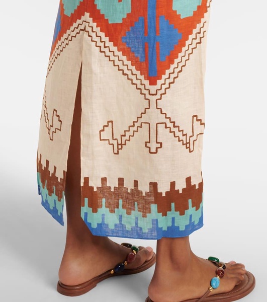 Printed tie-detail linen midi dress