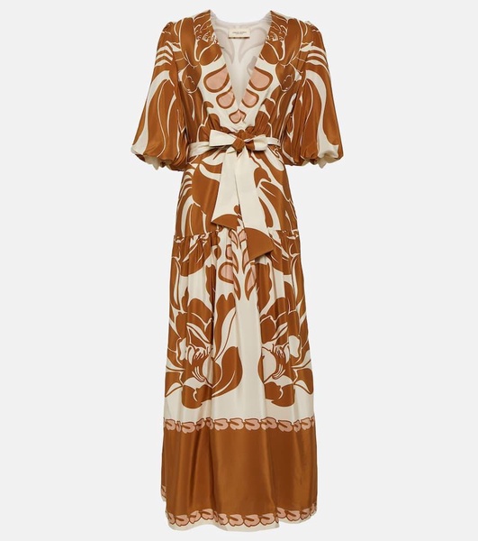 Printed puff-sleeve silk maxi dress