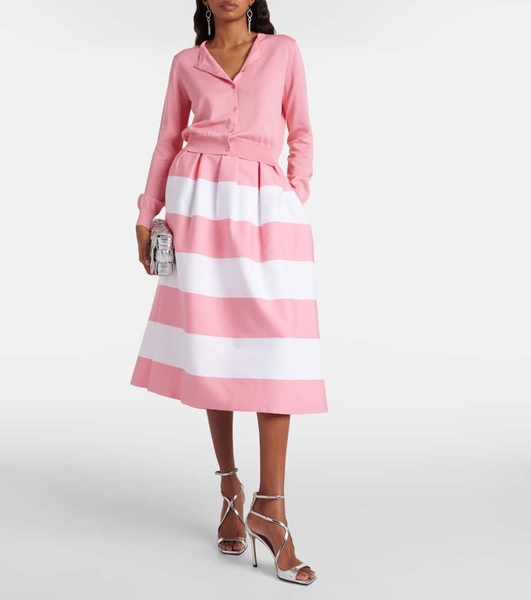 Striped pleated cotton-blend midi skirt