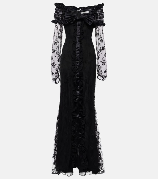 Bow-detail ruffled off-shoulder lace gown