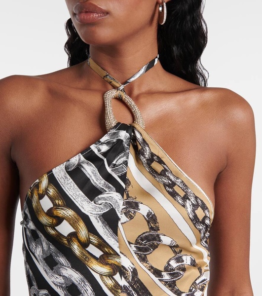 Printed embellished halter-neck crop top