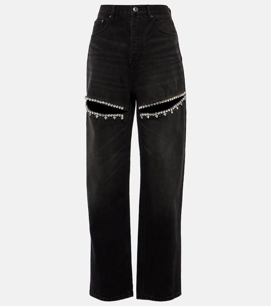 Embellished cutout straight jeans
