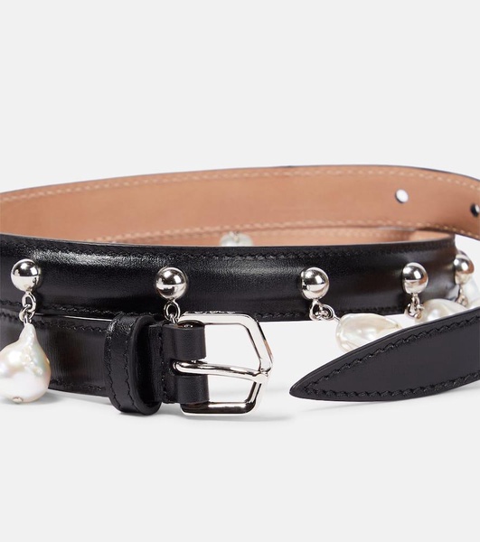 Faux pearl-embellished leather belt