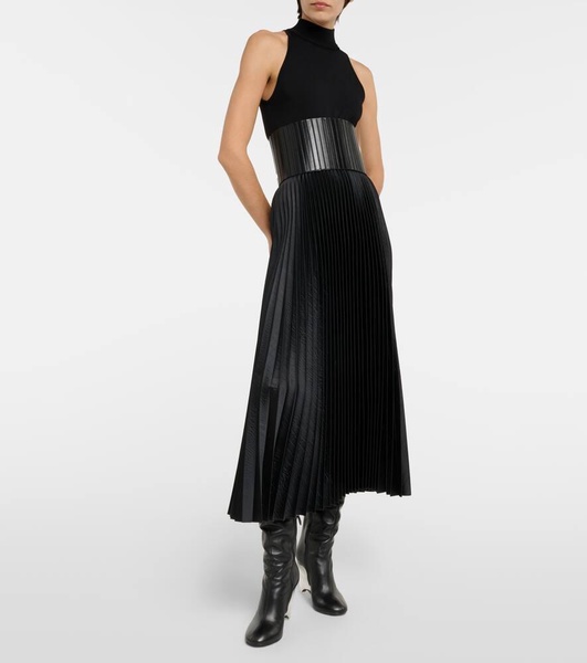 Pleated croc-effect satin midi skirt