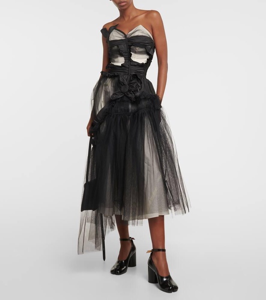 Floral-appliqué silk and tulle midi dress