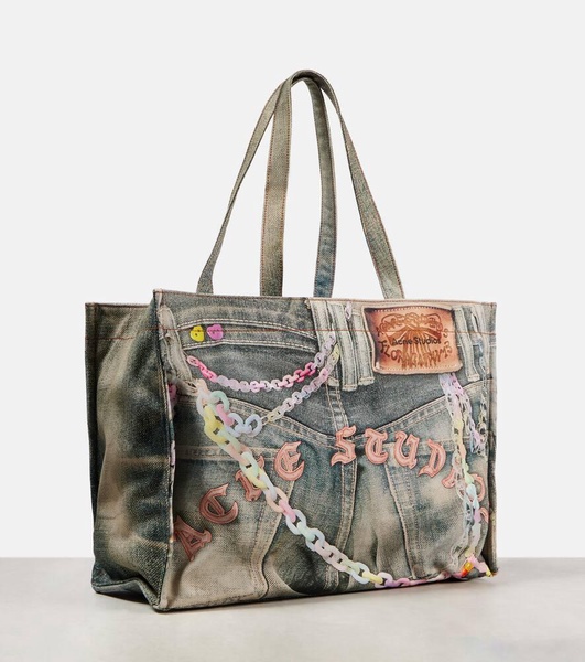 Large denim-effect printed canvas shopper