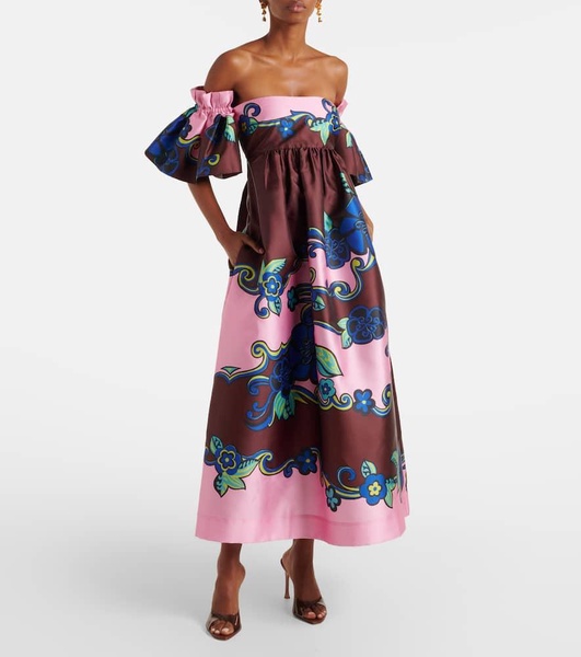 Floral off-shoulder satin maxi dress 