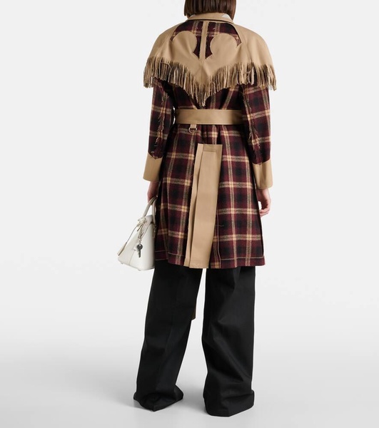 Fringed checked trench coat