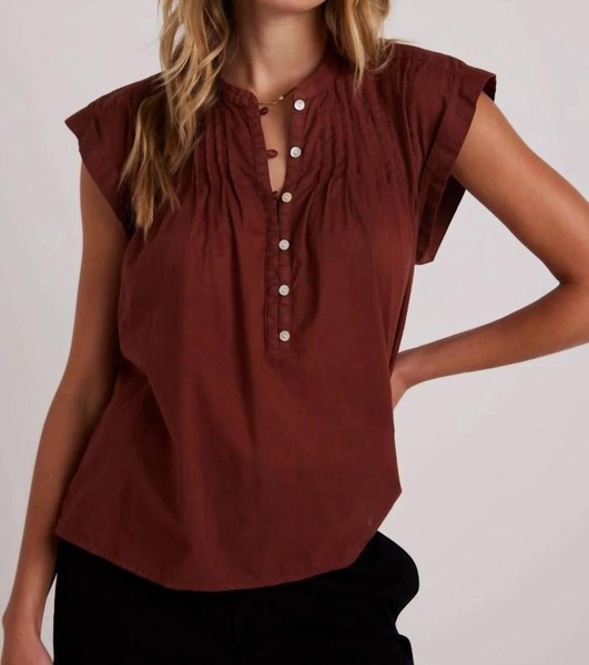 short sleeve pintuck pullover top in cherry mahogany