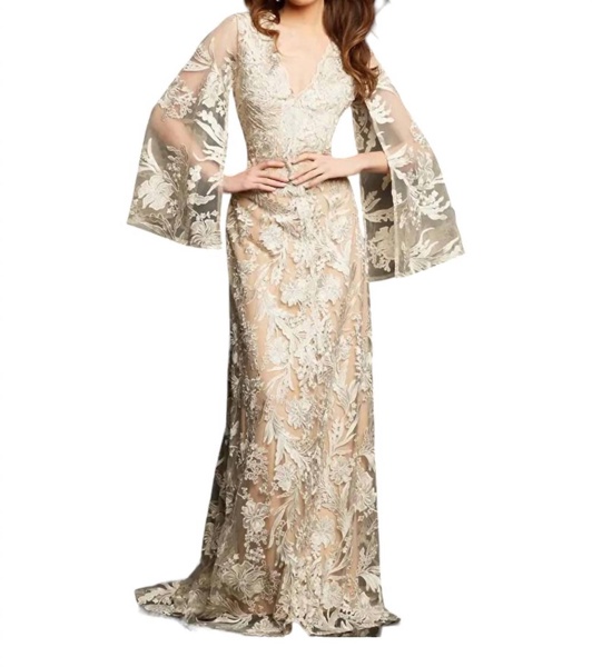 cape sleeve lace sheath gown in champagne