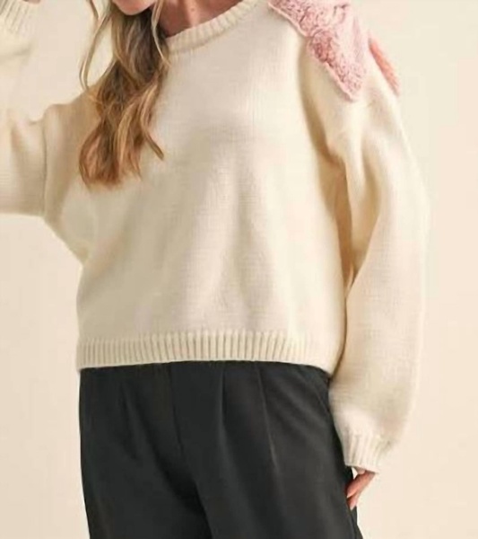 bow detailed shoulder sweater in ivory blush