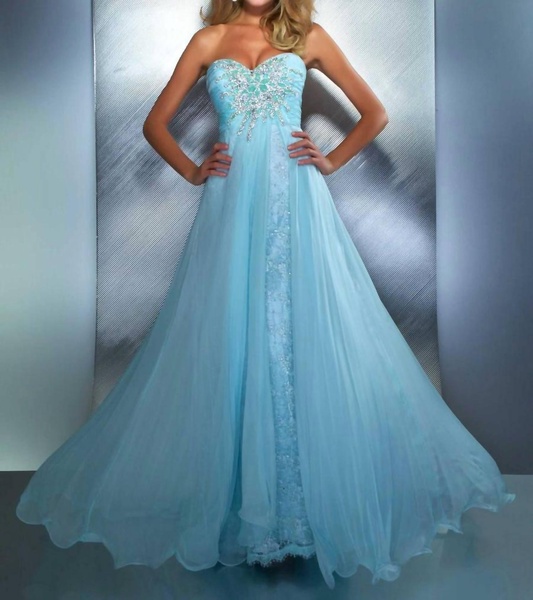 ruched sweetheart prom dress with beaded sunburst applique in ice blue
