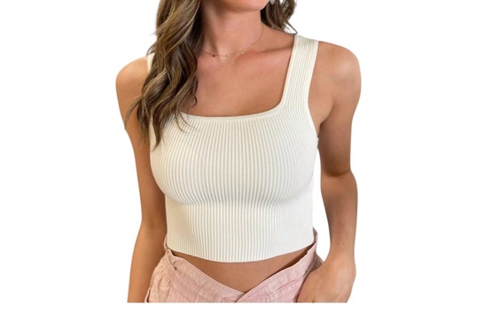 ribbed square neck cropped tank in off white