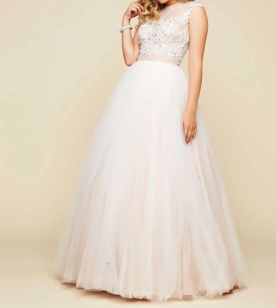 illusion neck tulle ball gown in ivory/nude