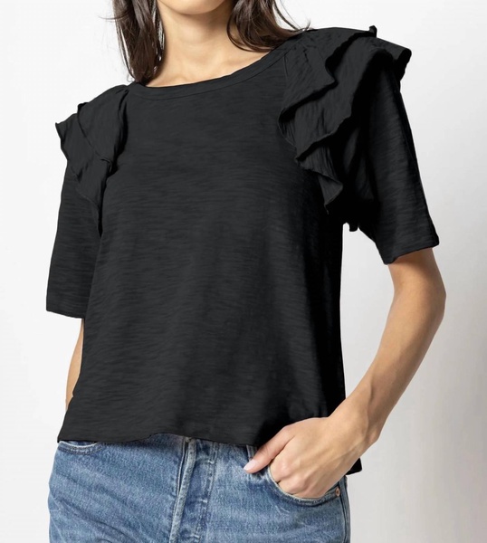 elbow sleeve ruffle crewneck top in black