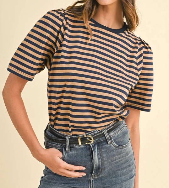 striped puff sleeve knit top in navy/camel