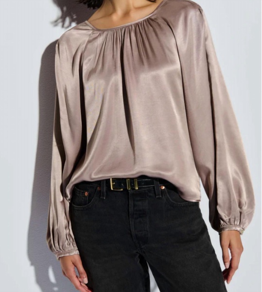 long sleeve satin top in mushroom