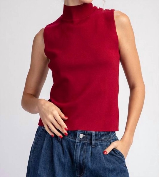 mock neck sleeveless sweater top in cherry red