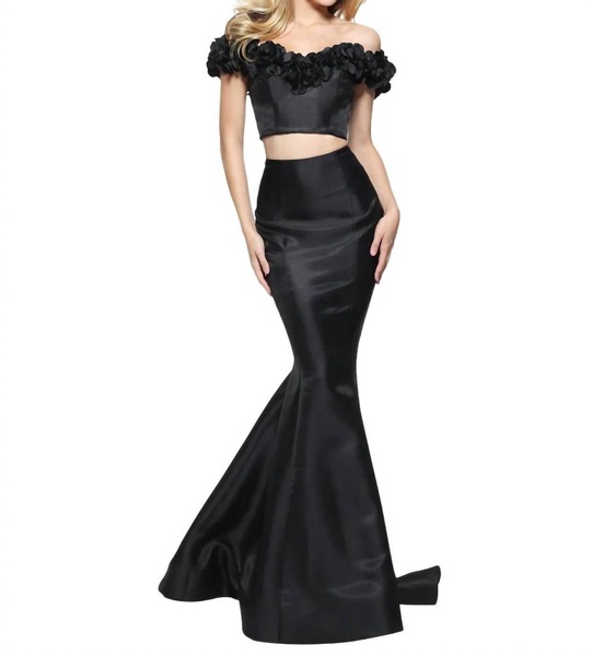 off-the-shoulder prom dress in black