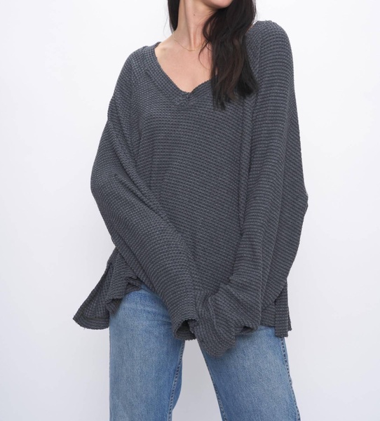 rosalita cozy thermal v neck long sleeve top in midnight forest