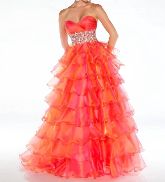 sweetheart strapless ballgown with stonework waistband in sunset