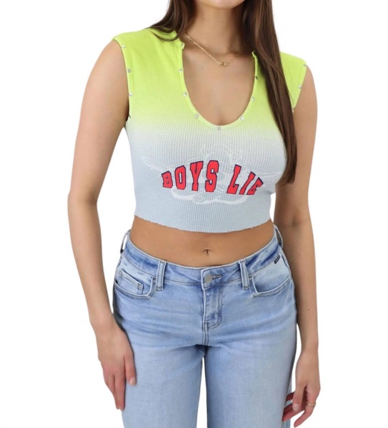fool me once rebel tank top in yellow/white
