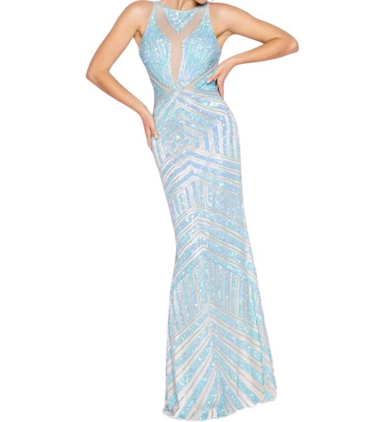 sequin long prom dress in aqua/nude