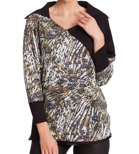 mosaic detail neck top in black multi