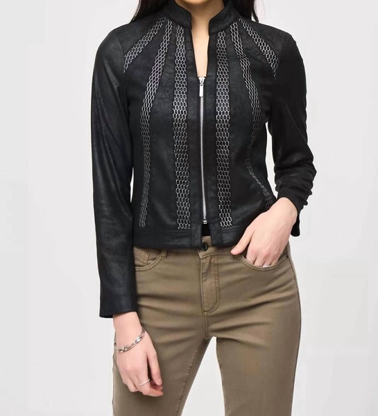 metallic mesh faux suede jacket in black
