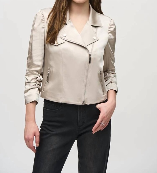 satin moto jacket in moonstone