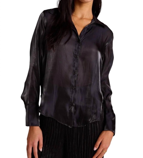 wide collar shirt tail button down in black shimmer