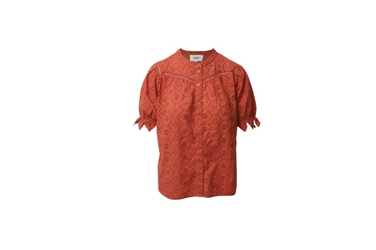 eyelet button down blouse in red cotton