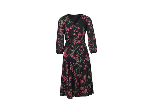 long -sleeve midi dress in floral print polyester