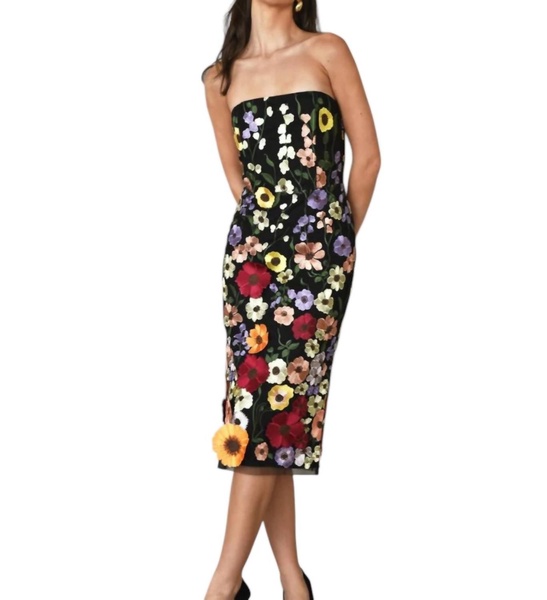 beth 3d floral midi dress in black multi
