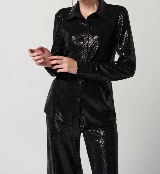 sequin knit button down in black