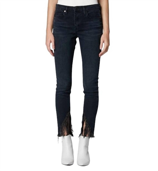 bond frayed slanted hem skinny jean in dark blue