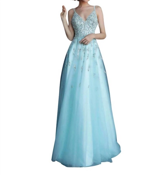 beaded bodice ball gown in light blue