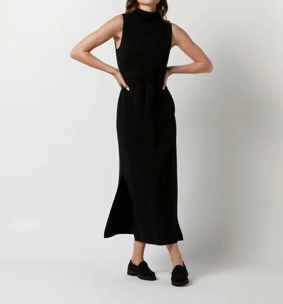 maya long funnel neck dress in black extra fine merino wool