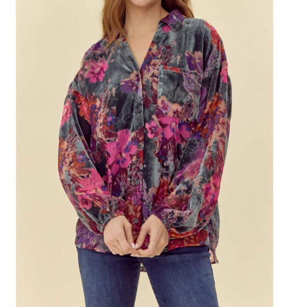lexi floral velvet top in forest green